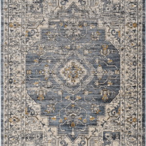 Gulvtæppe Loomery Troye - blå med medallion-design og gyldne accenter i slidstærk polyester 200Ã290 cm